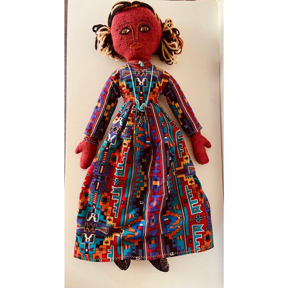 Handmade Boho Folk Art Beaded Red Purple & Blue Embroidered Yarn Hair Cloth Doll - Picture 1 of 7